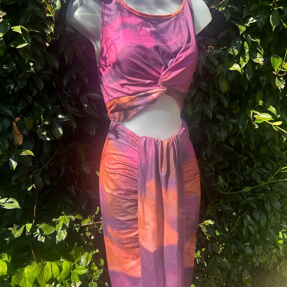 Shein Tie Dye Allover Print Twist Knot Cutout Ruched Wrap Bodycon Dress - Picture 3 of 5